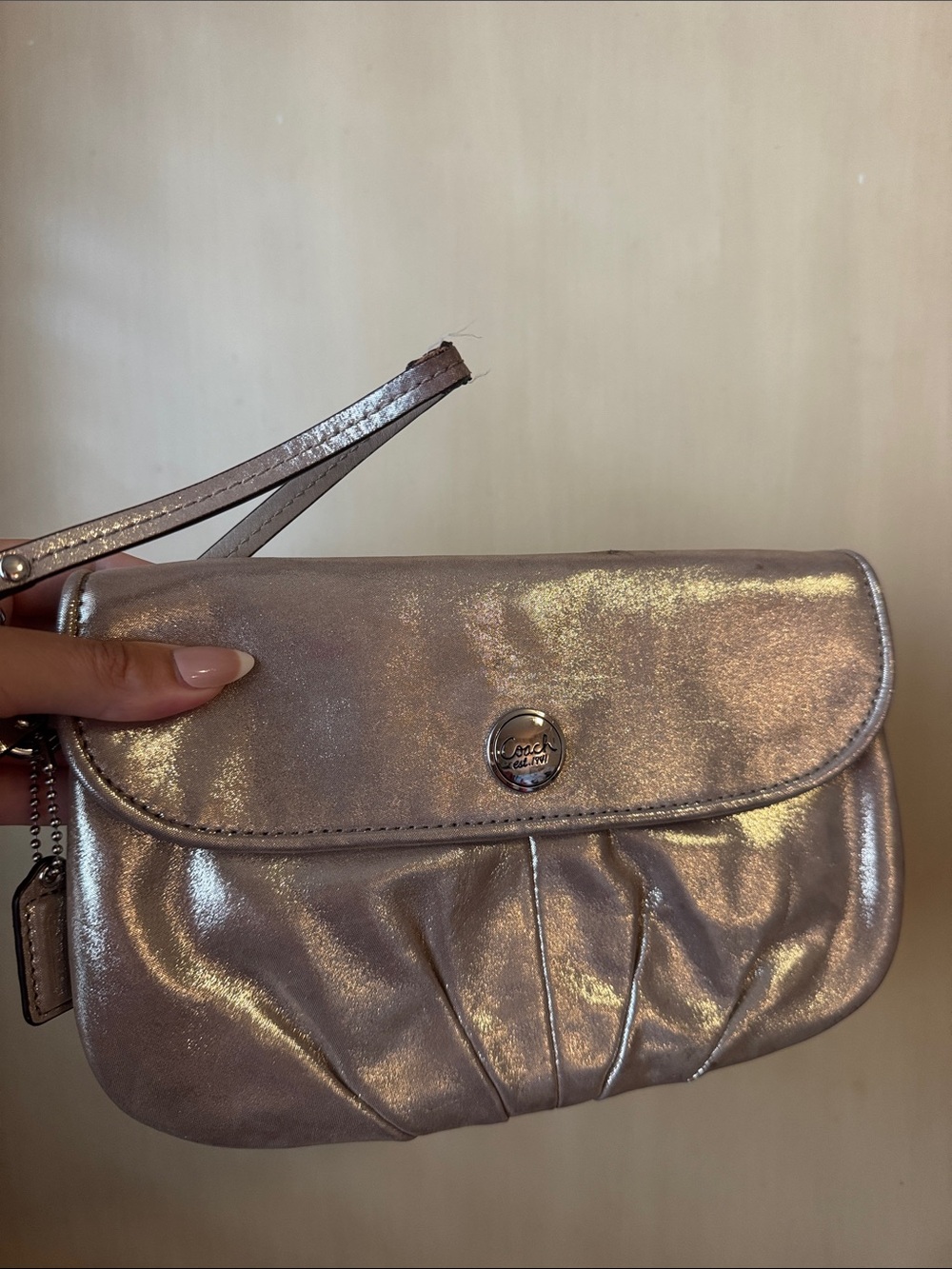 Coach Metallic Rose Gold Leather Wristlet